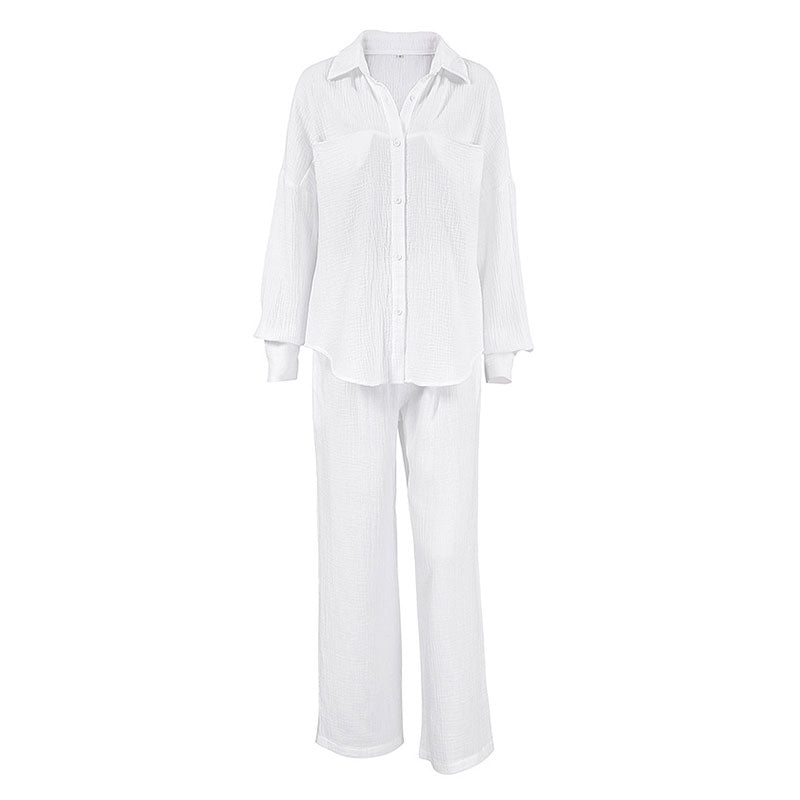 Cozy Cotton Gauze Pocket Trim Buttoned Blouse Wide Leg Pants Lounge Set