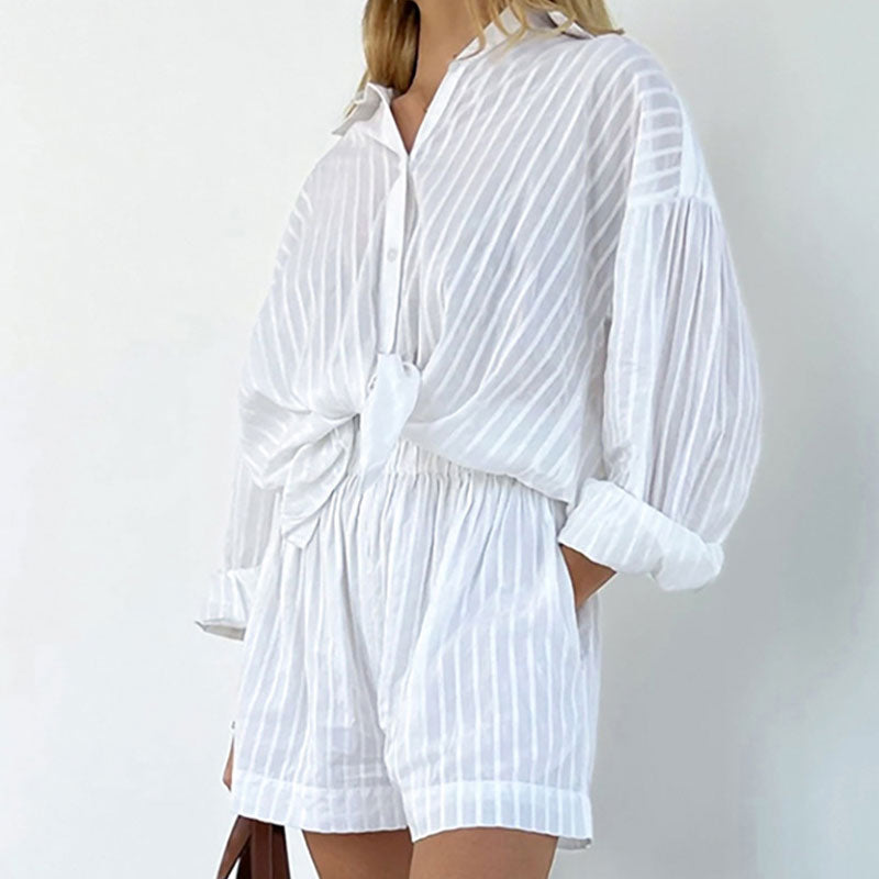 Cozy Semi Sheer Collar Long Sleeve Button Up Shorts Cotton Lounge Set