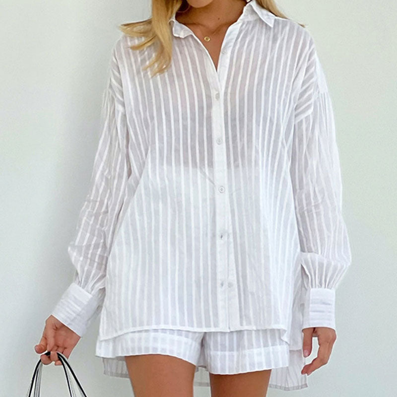 Cozy Semi Sheer Collar Long Sleeve Button Up Shorts Cotton Lounge Set