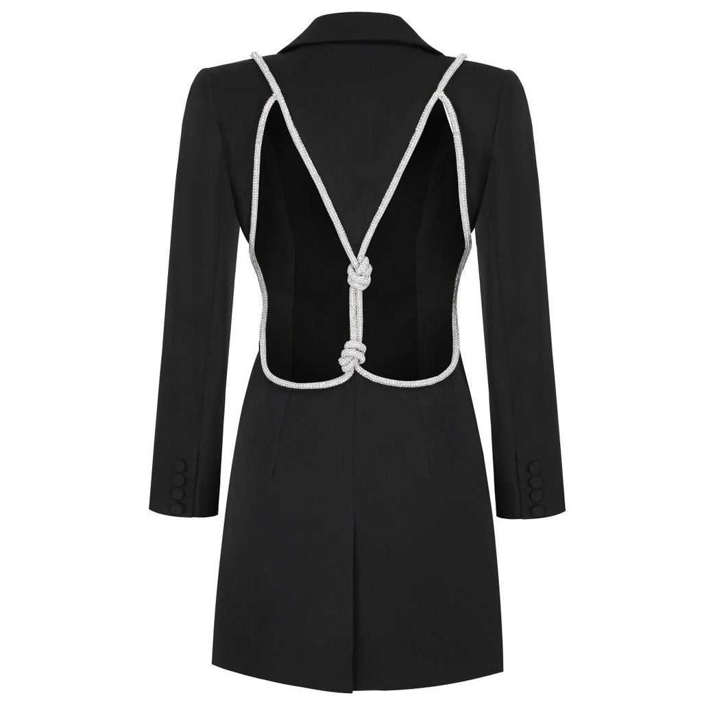 Crystal Knot Backless Single Breasted Tailored Blazer Mini Dress - Black