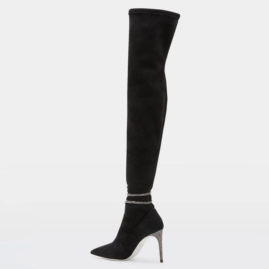 Crystal Snake Embellished Pointed Toe Over Knee Suede Boots - Black