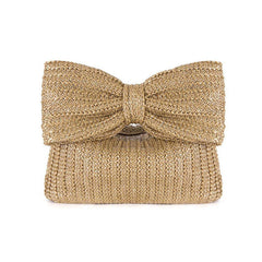 Cute Big Bow Zip Closure Top Handle Raffia Straw Woven Mini Clutch Bag