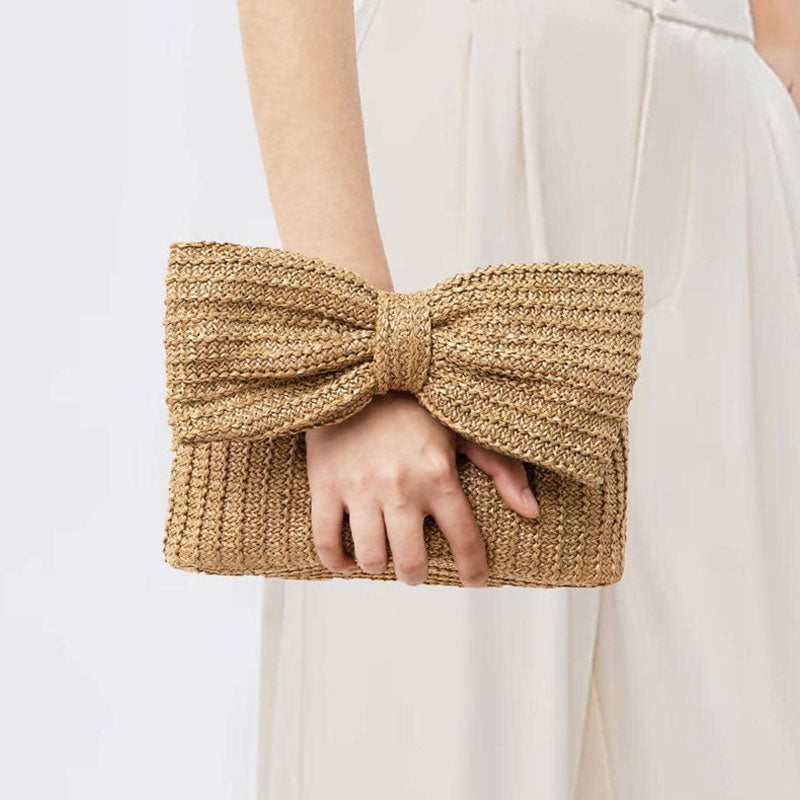 Cute Big Bow Zip Closure Top Handle Raffia Straw Woven Mini Clutch Bag