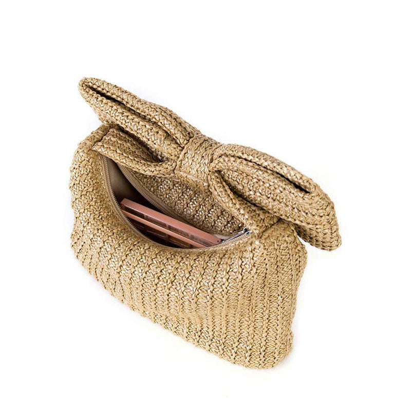 Cute Big Bow Zip Closure Top Handle Raffia Straw Woven Mini Clutch Bag