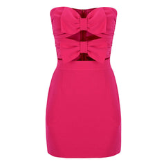 Cute Bow Cut Out Strapless Sweetheart Neck Ruched Bodycon Mini Party Dress