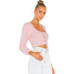 Cute Fuzzy Scoop Neck Sleeved Knitted Crop Cardigan - Pink