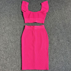 Cute Rib Knit Bandage Crop Top Bodycon Midi Skirt Matching Set - Hot Pink