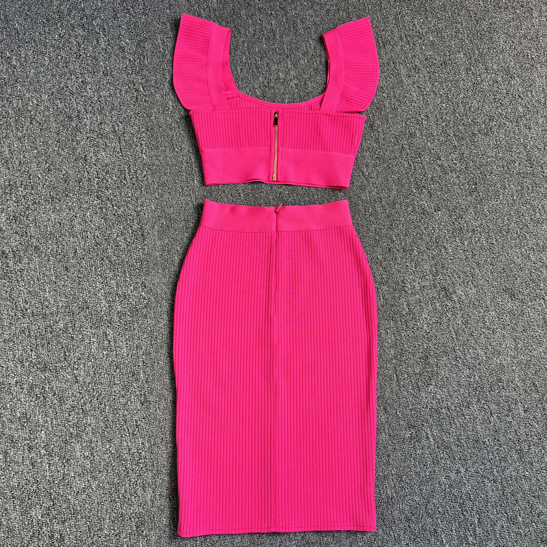 Cute Rib Knit Bandage Crop Top Bodycon Midi Skirt Matching Set - Hot Pink