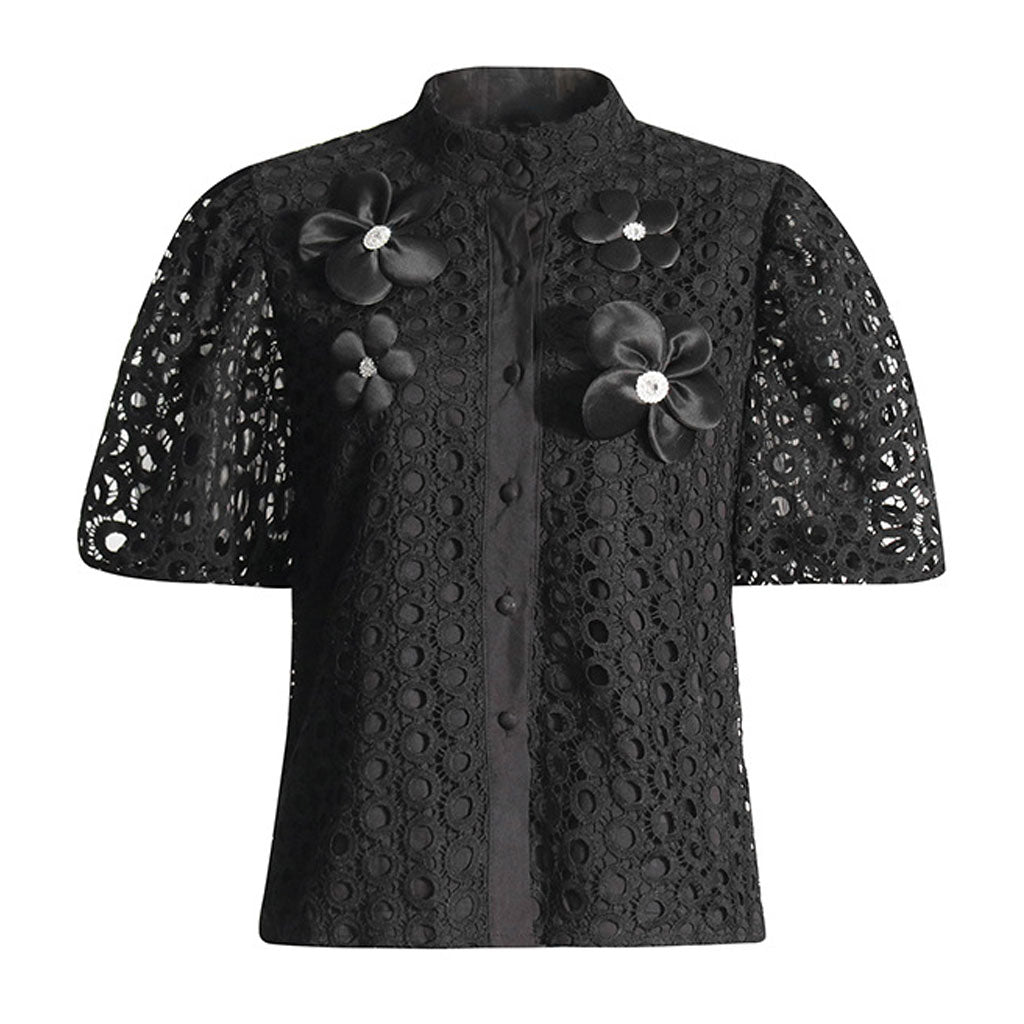 Cute Rosette Stand Collar Puff Sleeve Button Down Guipure Lace Cutwork Blouse