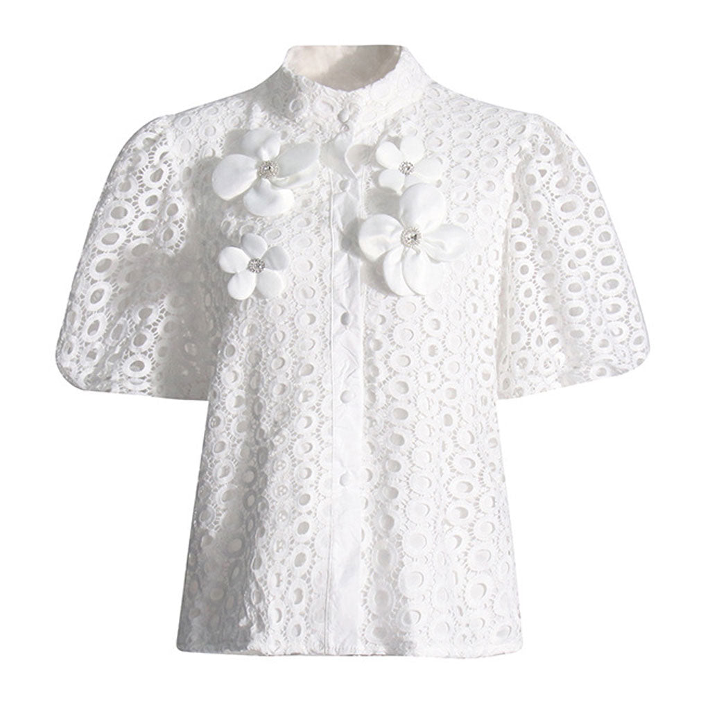 Cute Rosette Stand Collar Puff Sleeve Button Down Guipure Lace Cutwork Blouse