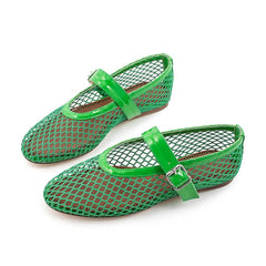 Cute Round Toe Buckled Vegan Leather Mesh Net Mary Jane Ballet Flats