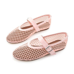 Cute Round Toe Buckled Vegan Leather Mesh Net Mary Jane Ballet Flats