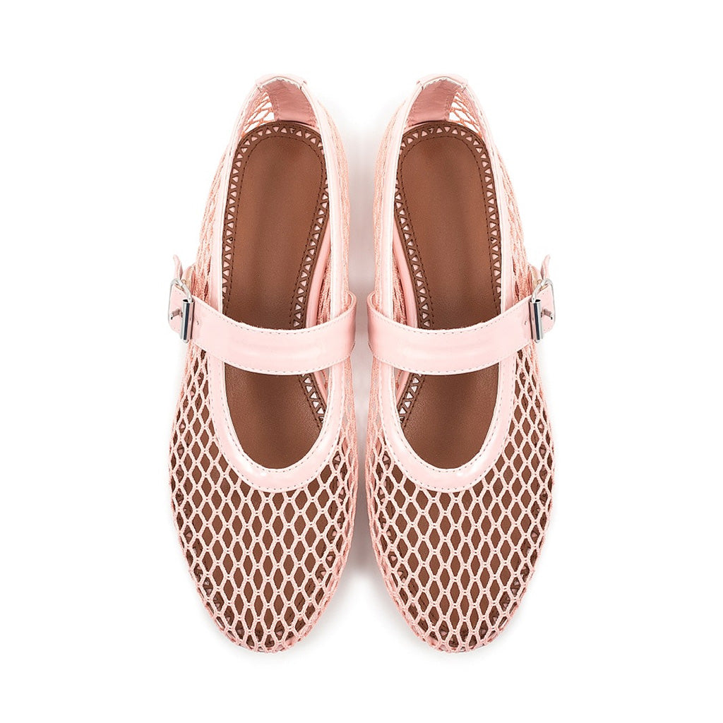 Cute Round Toe Buckled Vegan Leather Mesh Net Mary Jane Ballet Flats