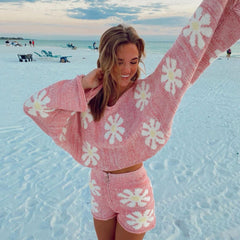 Cute Floral Print Pullover Knit Shorts Matching Set - Pink