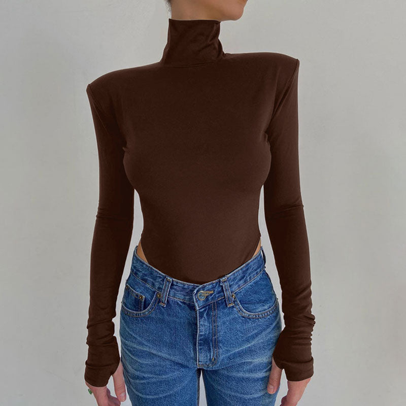 Cutout Back Long Sleeve High Cut Turtleneck Bodysuit - Coffee