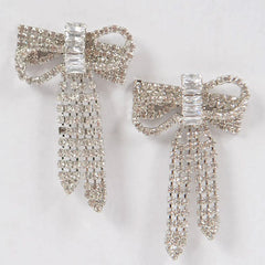 Dainty Plated Crystal Embellished Bow Drop Earrings - Silver