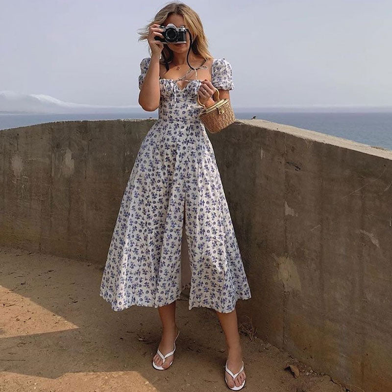 Sexy Daisy Printed Puff Sleeve High Slit Smock Maxi Sundress - Blue