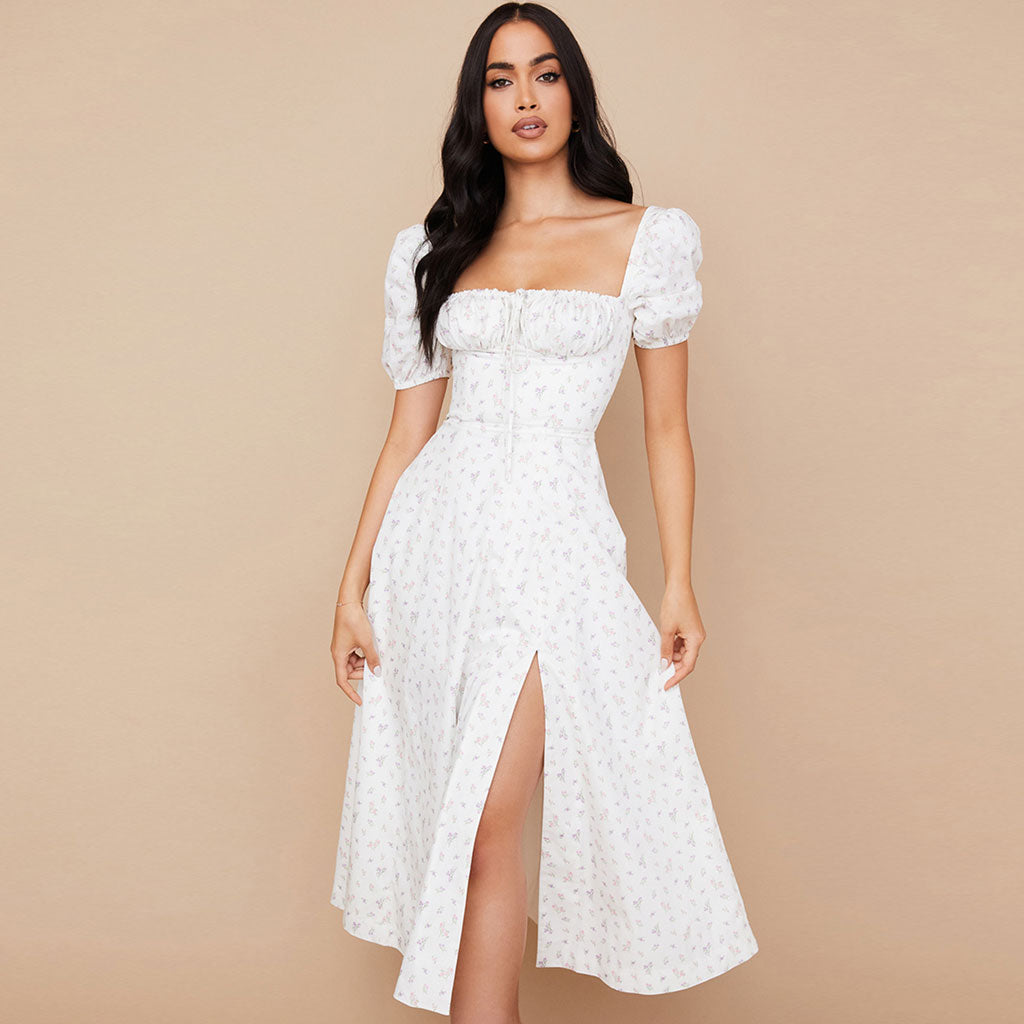 Sexy Daisy Printed Puff Sleeve High Slit Smock Maxi Sundress - White