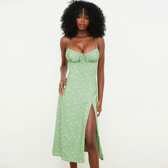 Daisy Printed Tied Bustier High Slit Slip Midi Dress - Light Green