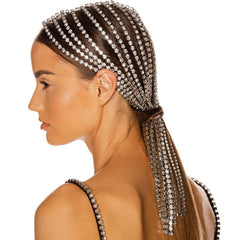 Dangling Rhinestone Embellished Long Fringe Headband - Silver