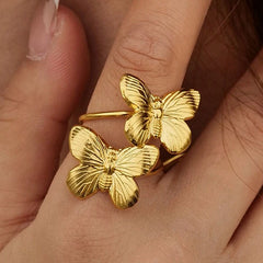 Daring 18K Gold Plated Double Butterfly Ribbed Design Open Cuff Ring