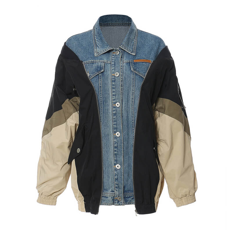 Deconstructed Contrast Denim Collared Button Down Hybrid Bomber Jacket