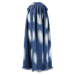 Deconstructed Contrast Print Tie Front Button Up Frayed Hem Maxi Denim Skirt