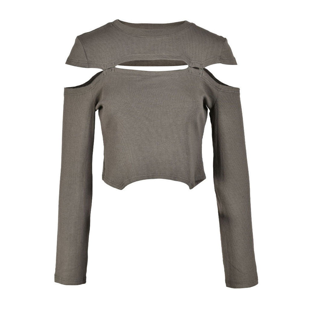 Deconstructed Crew Neck Split Trim Long Sleeve Rib Knit Asymmetric Crop Top