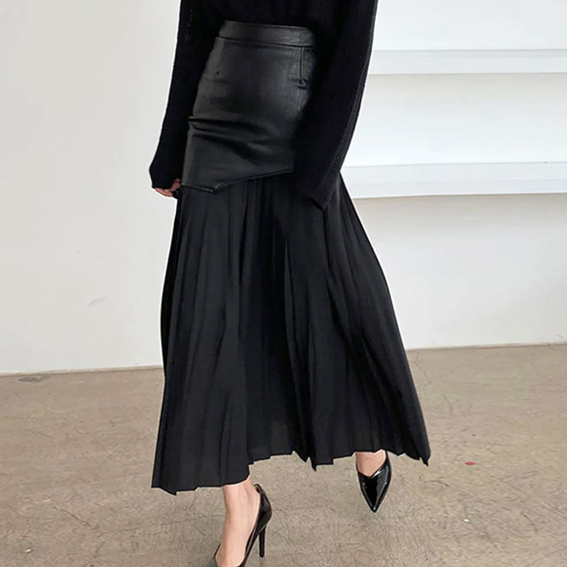 Deconstructed High Rise Vegan Leather Layered Midi Pleated Skirt - Black