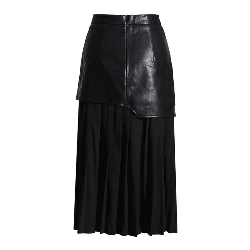 Deconstructed High Rise Vegan Leather Layered Midi Pleated Skirt - Black