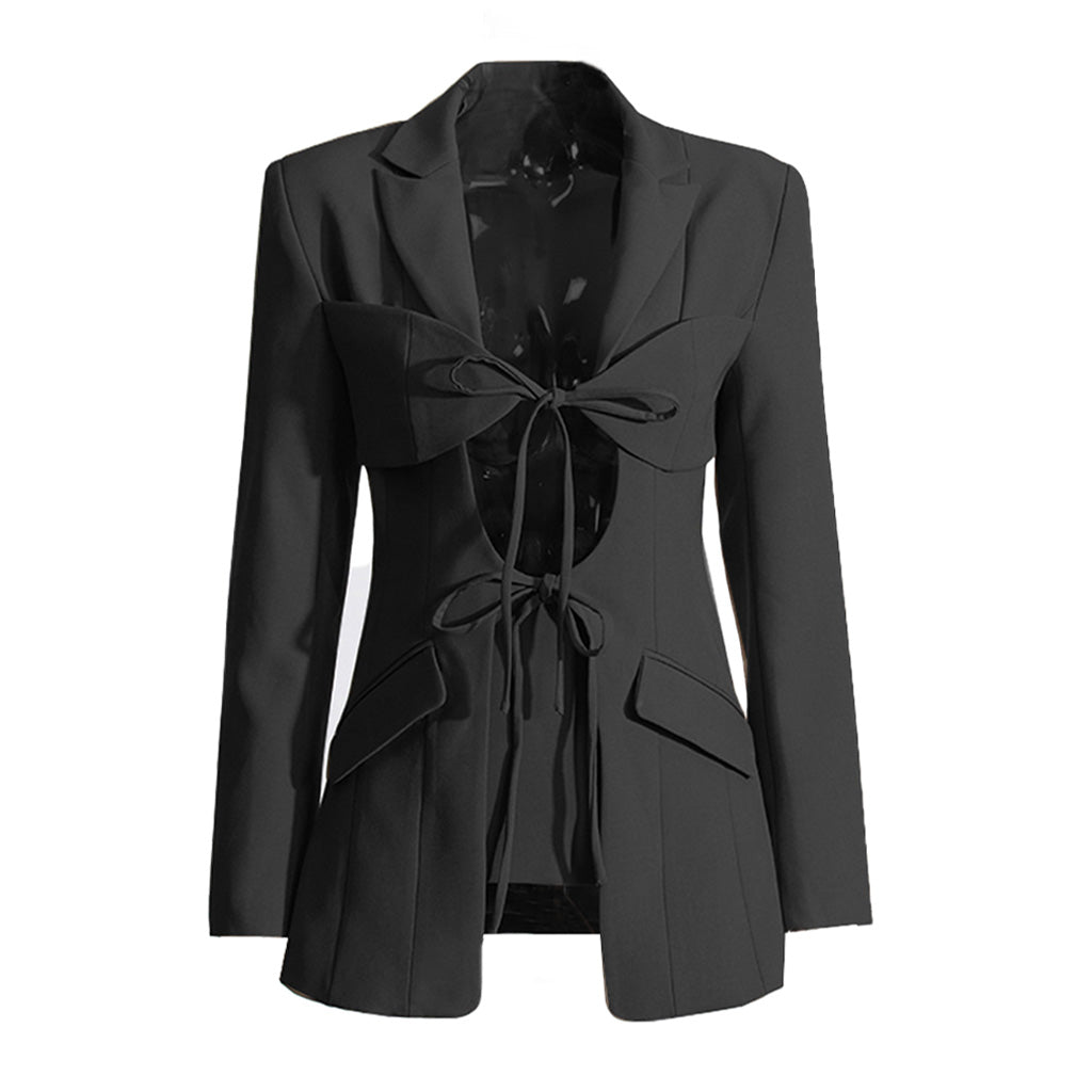 Deconstructed Lapel Cutout Bow Tie Front Long Sleeve Cinch Waist Blazer