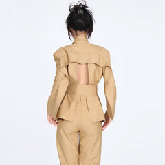 Deconstructed Tie Collar Shoulder Pad Single Breasted Cut Out Back Belted Blazer