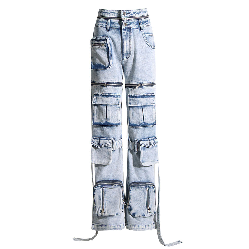 Deconstructed Zip Off Double Waist High Rise Straight Leg Cargo Jeans