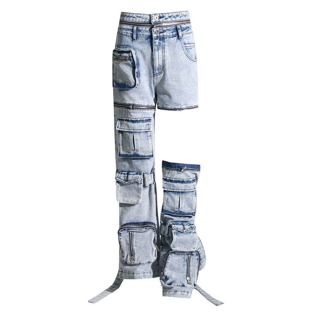 Deconstructed Zip Off Double Waist High Rise Straight Leg Cargo Jeans