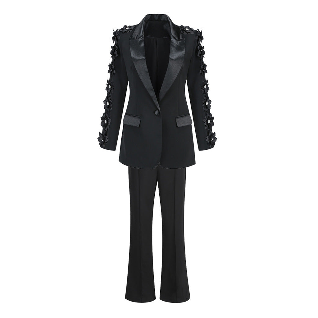 Demure Bootcut Pants Lapel One Button Pearly Rosette Blazer Matching Suit