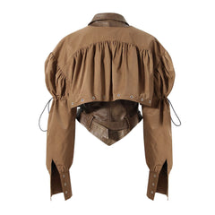 Detachable Puff Sleeve Folded Collar Belted Vegan Leather Cropped Jacket