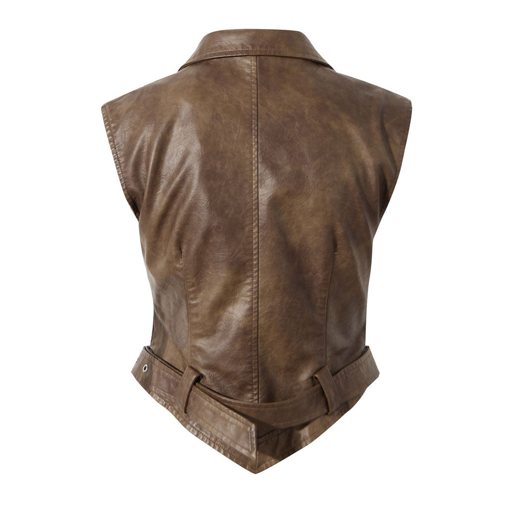 Detachable Puff Sleeve Folded Collar Belted Vegan Leather Cropped Jacket