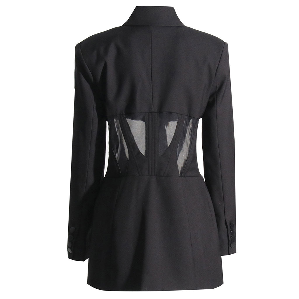 Distinct Lapel Hook and Eye Sheer Mesh Corset Shoulder Pad Long Sleeve Tailored Blazer