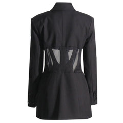 Distinct Lapel Hook and Eye Sheer Mesh Corset Shoulder Pad Long Sleeve Tailored Blazer