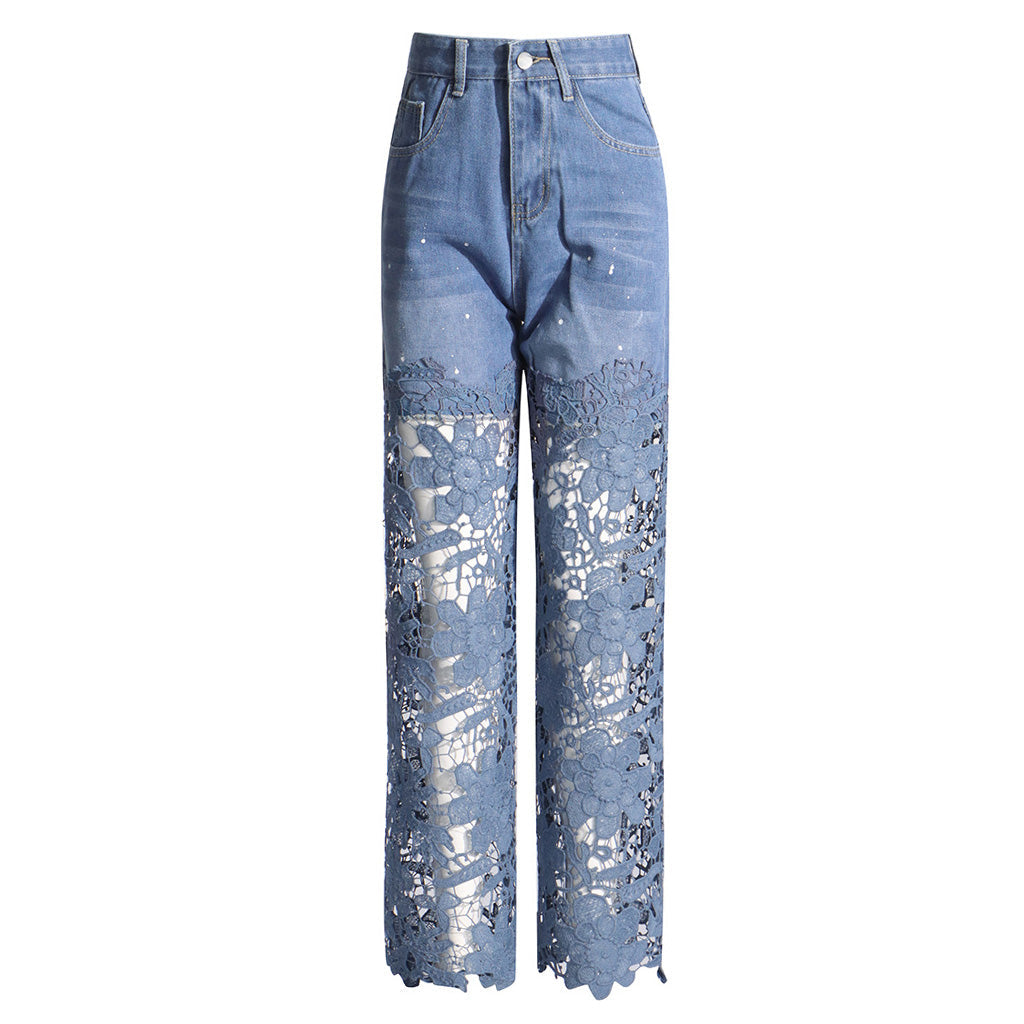 Distinctive High Waist Bleached Dot Floral Cutwork Wide Leg Jeans