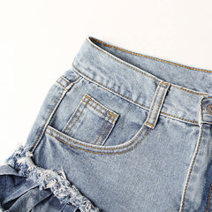 Distressed Frayed Detail Tiered Ruffle Trim High Waist Denim Shorts