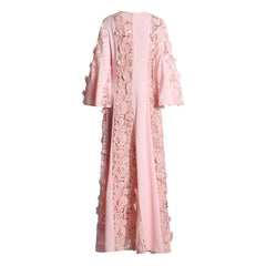 Dramatic Crew Neck Fluted Sleeve A Line Chiffon Panel Cutwork Lace Maxi Dress