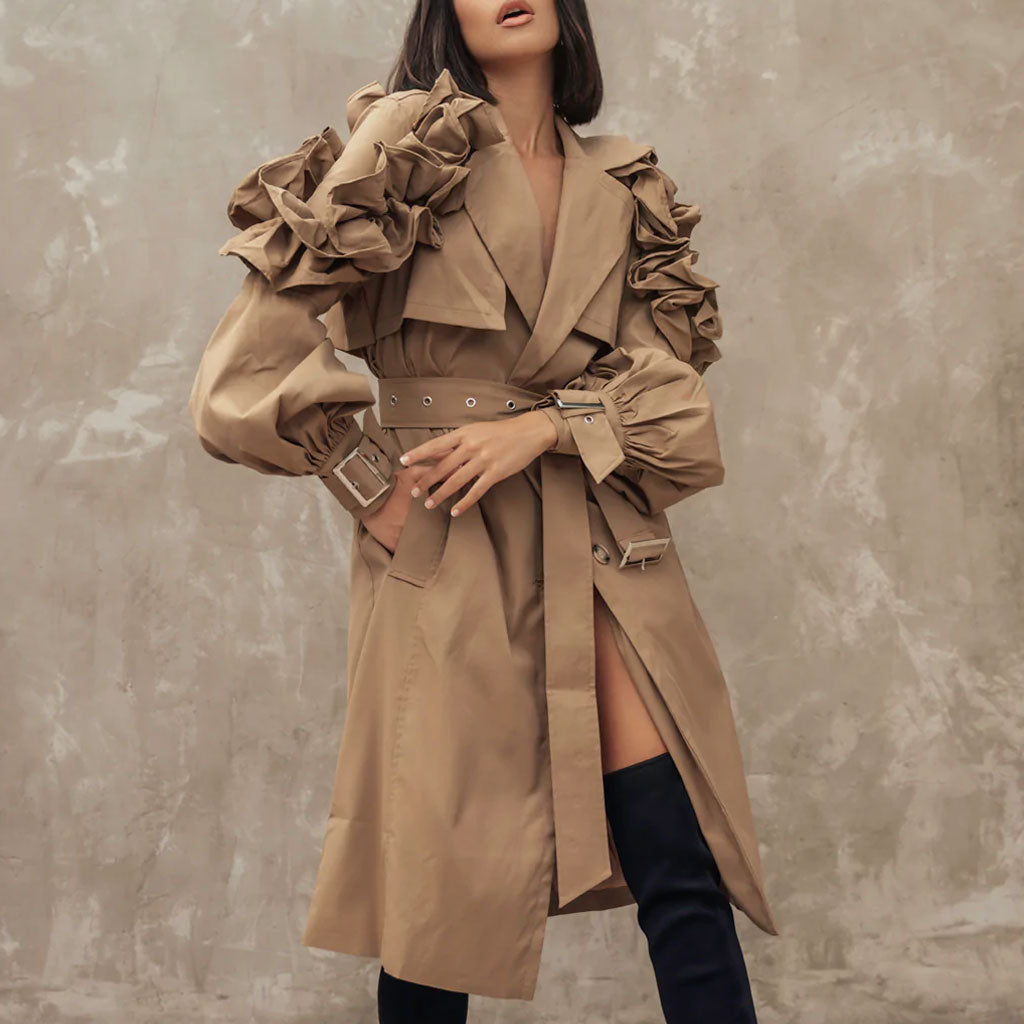 Dramatic Ruffle Shoulder Puff Sleeve Button Down Belted Trench Coat - Khaki