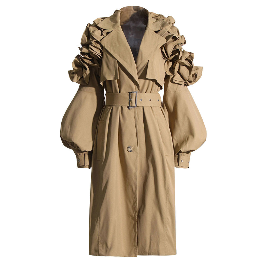 Dramatic Ruffle Shoulder Puff Sleeve Button Down Belted Trench Coat - Khaki