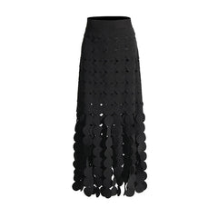 Dynamic High Waist Laser Cut Multi Circle Fringe Layered Maxi Skirt