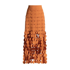 Dynamic High Waist Laser Cut Multi Circle Fringe Layered Maxi Skirt