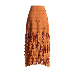 Dynamic High Waist Laser Cut Multi Circle Fringe Layered Maxi Skirt