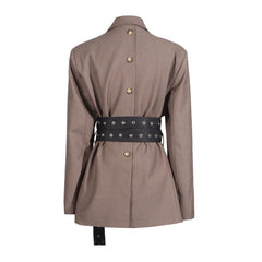 Edgy Broad Shoulder Collared Long Sleeve Button Back Double Belt Blazer