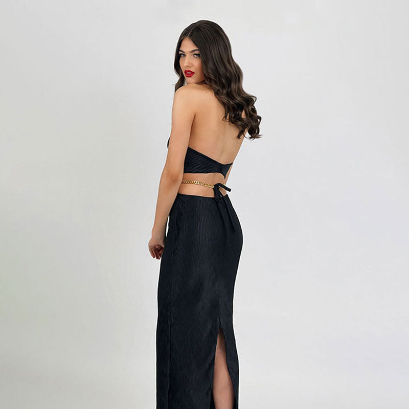 Edgy Chain Linked Halter Backless Cut Out Slit Textured Bandage Maxi Evening Dress