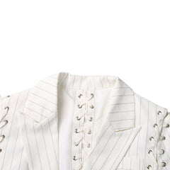 Edgy Lace Up Striped Print Lapel Collar Single Breasted Tailored Blazer